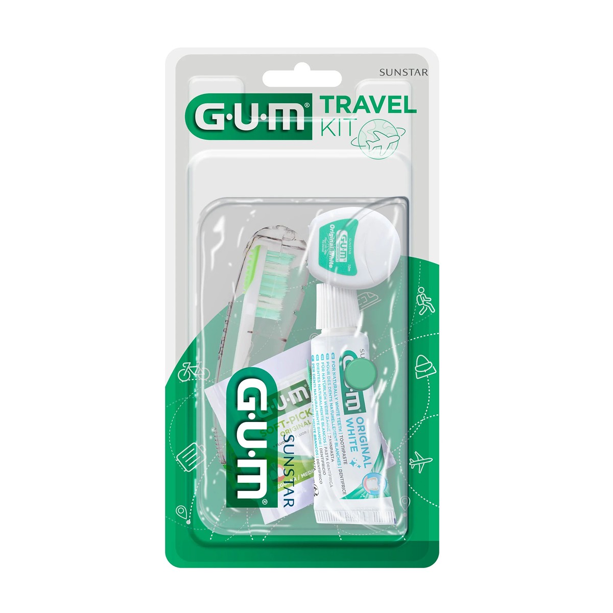 GUM Kit De Viaje En Blister: Cepillo Viaje, O.White Pasta + Seda