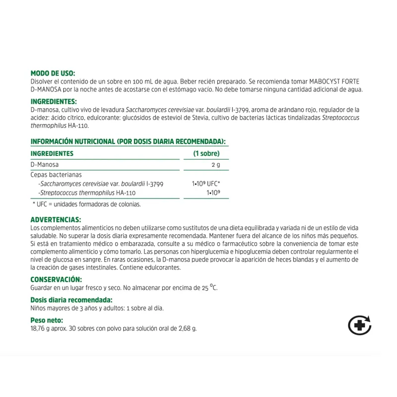 Mabocyst Forte D-Manosa, 30 sobres | Farmacia Barata