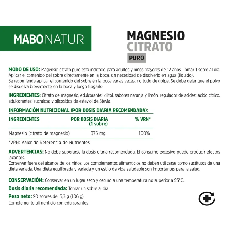 Mabo Magnesio citrato puro, 20 sobres | Farmacia Barata