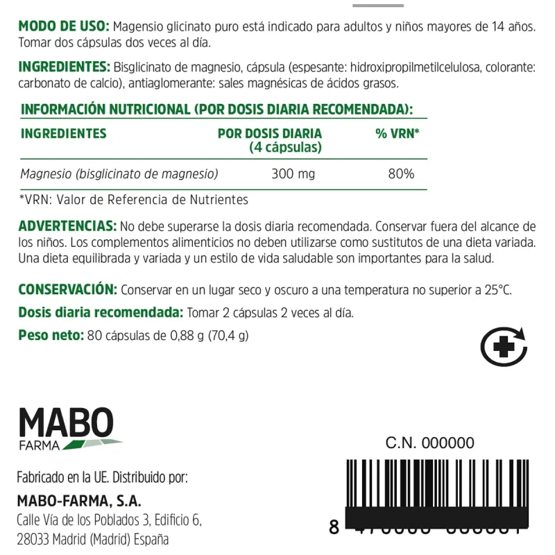 Mabo Magnesio glicinato puro, 80 cápsulas | Farmacia Barata