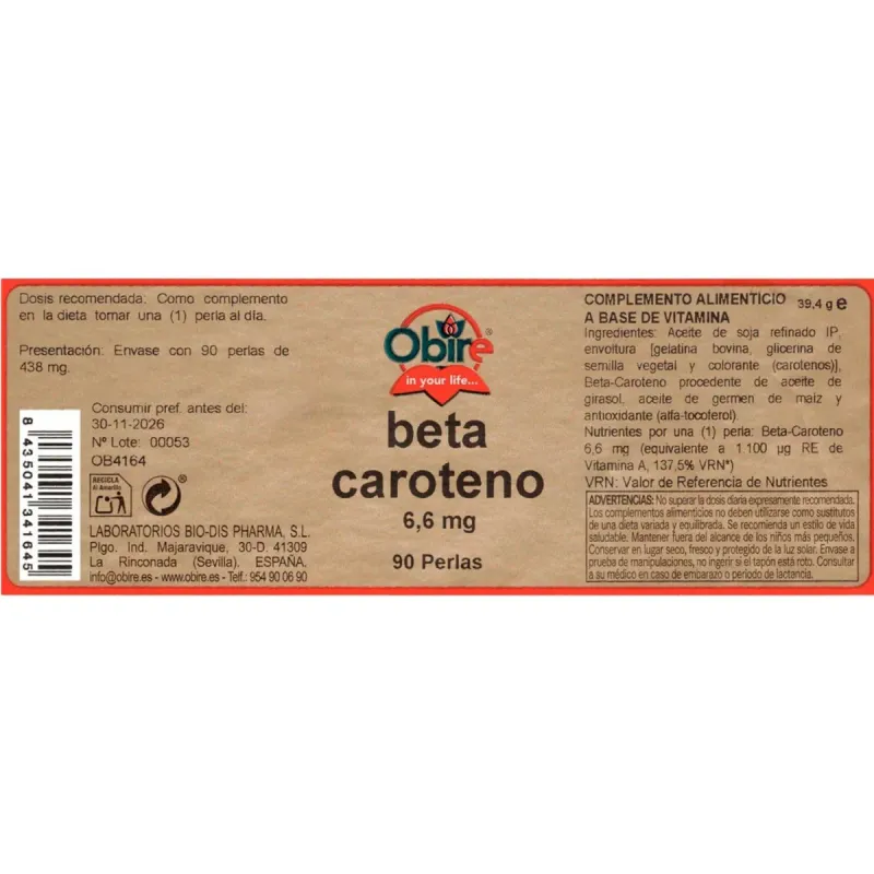 Obire Beta-Caroteno 90 perlas | Farmacia Barata