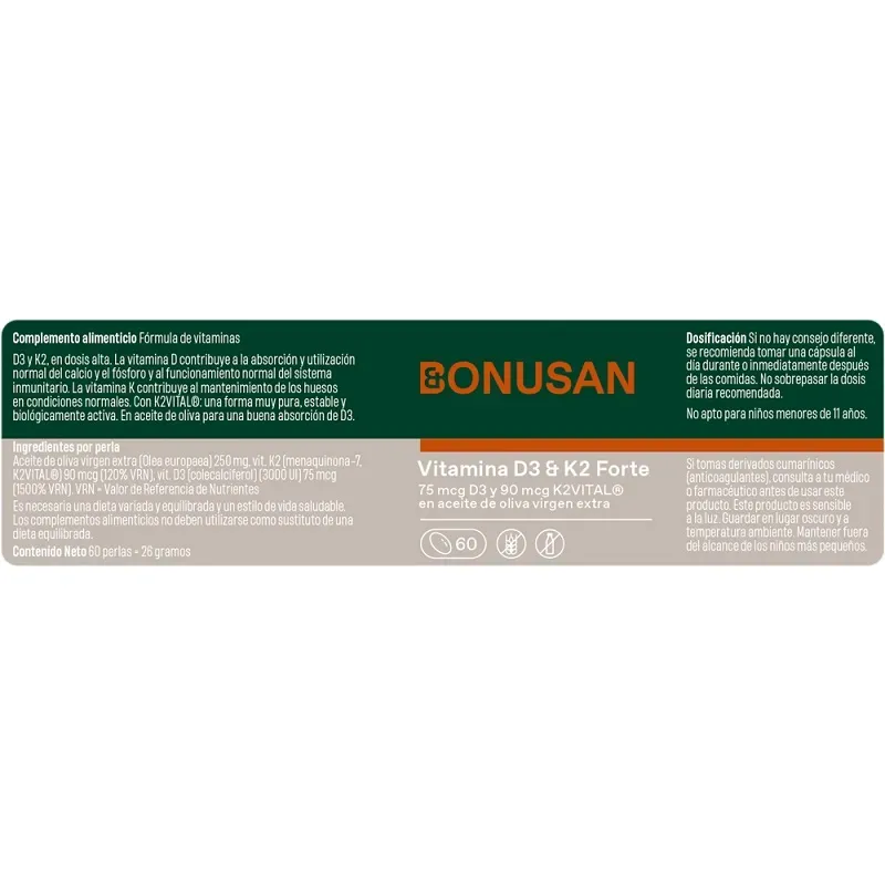 Bonusan Vitamina D3 & K2 forte etiqueta Bonusan Vitamina D3 & K2 forte etiqueta