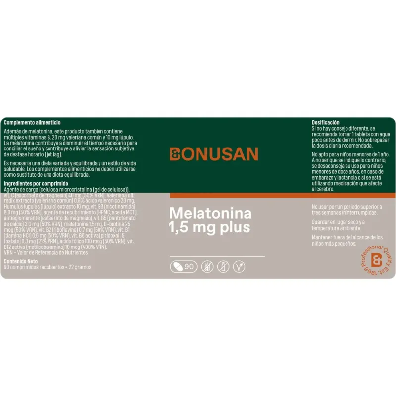 Bonusan Melatonina 1,5 mg plus, 90 comprimidos etiqueta Bonusan Melatonina 1,5 mg plus, 90 comprimidos etiqueta