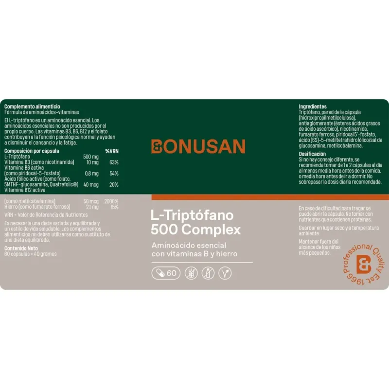Bonusan L-Triptófano 500 Complex, 60 cápsulas etiqueta