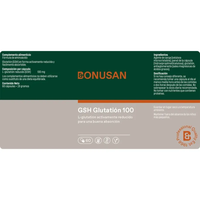 Bonusan GSH Glutatión 100, 60 cápsulas etiqueta Bonusan GSH Glutatión 100, 60 cápsulas etiqueta