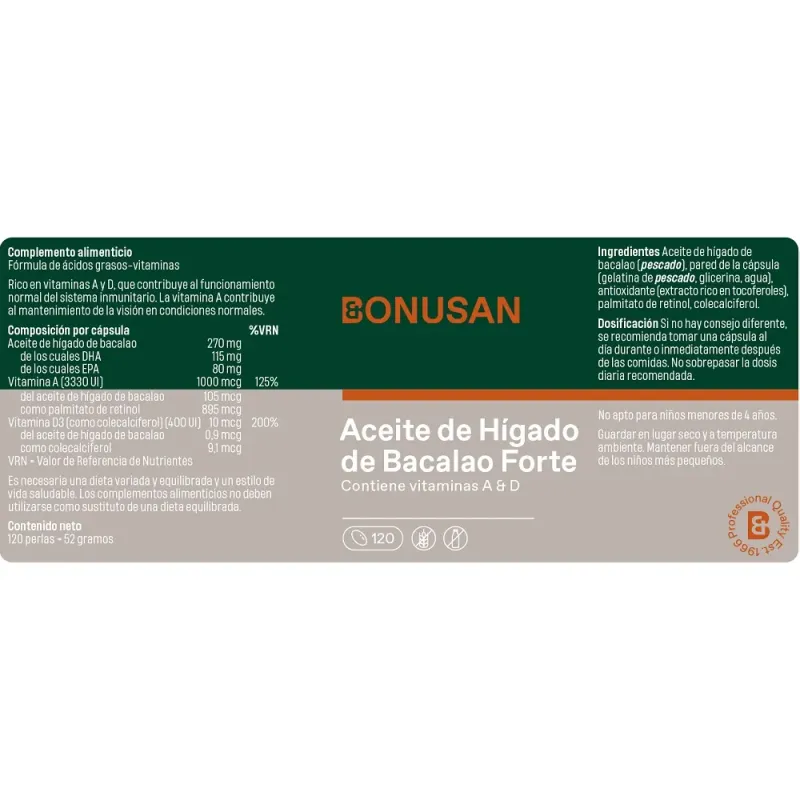 Bonusan Aceite de Hígado de Bacalao Forte, 120 comprimidos etiqueta Bonusan Aceite de Hígado de Bacalao Forte, 120 comprimidos etiqueta