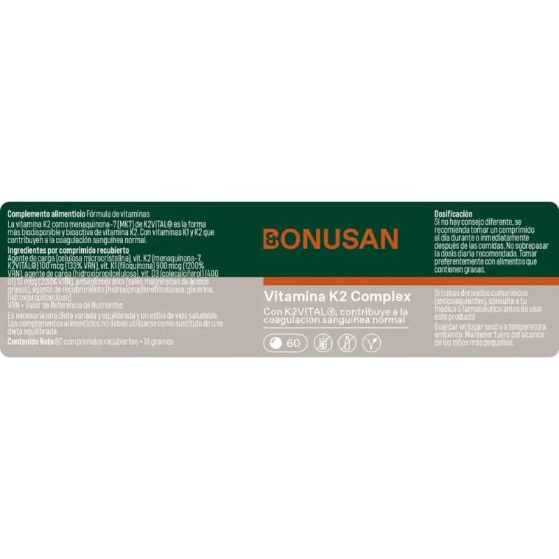 Bonusan Vitamina K2 Complex, 60 comprimidos etiqueta Bonusan Vitamina K2 Complex, 60 comprimidos etiqueta