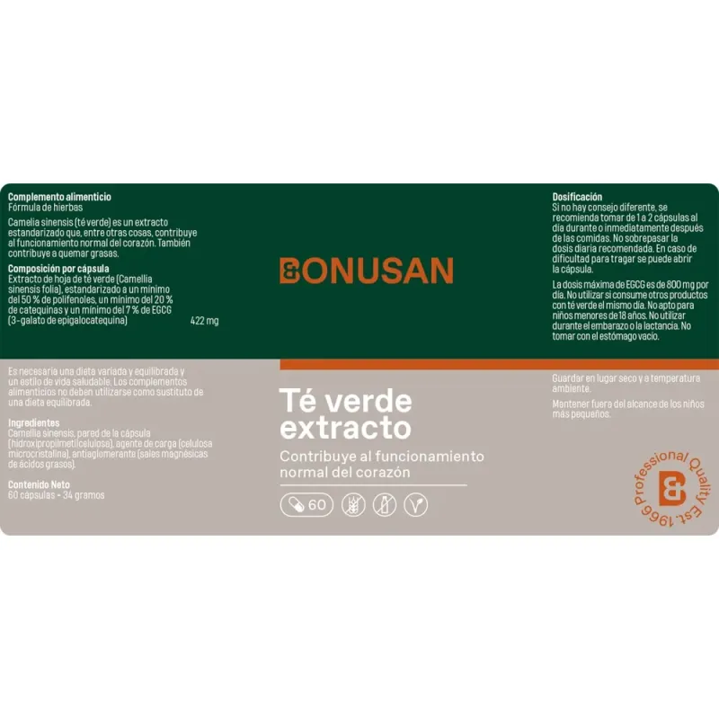Bonusan Té verde extracto, 60 cápsulas etiqueta