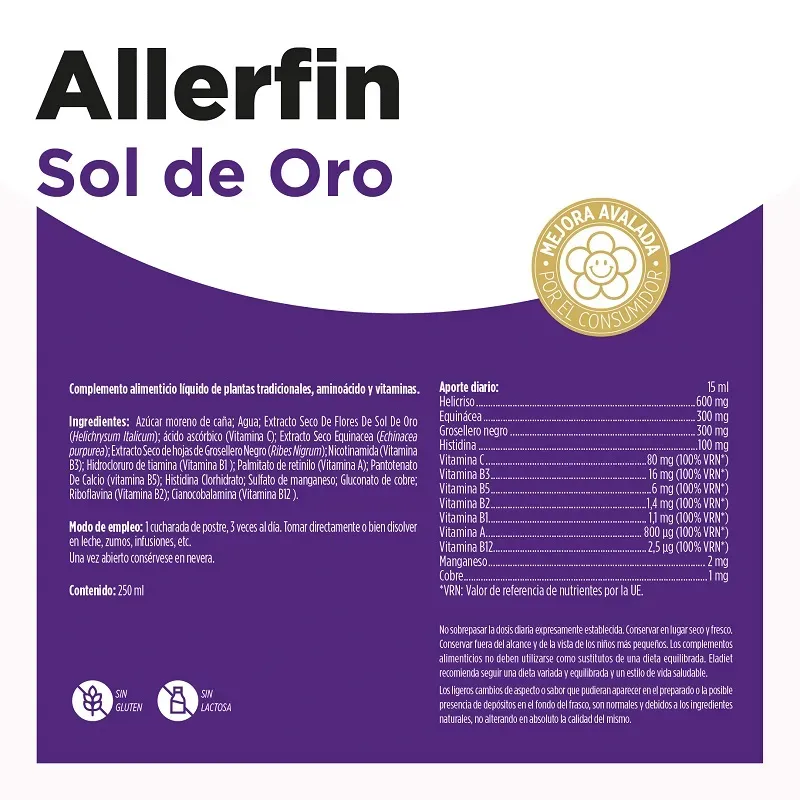 Eladiet Allerfin Sol de oro jarabe, 250 ml información Eladiet Allerfin Sol de oro jarabe, 250 ml información