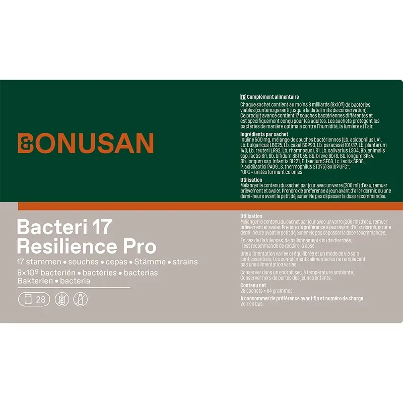Bonusan Bacteri 17 Resilience Pro, 28 sobres información etiqueta