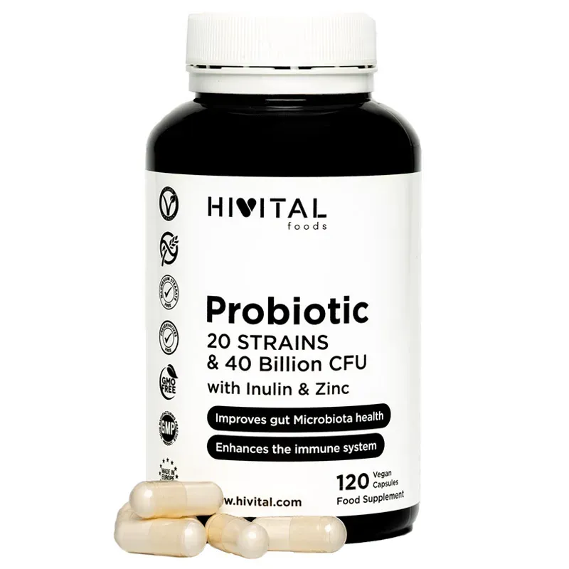 Hivital Probiotico 20 cepas 40 mil millones de UFC con Inulina y Zinc, 120 cápsulas veganas gastroresistentes | Farmacia Barata
