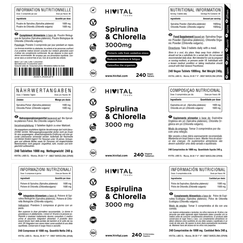 Hivital Espirulina y Chlorella ECO 3000 mg, 240 comprimidos veganos | Farmacia Barata