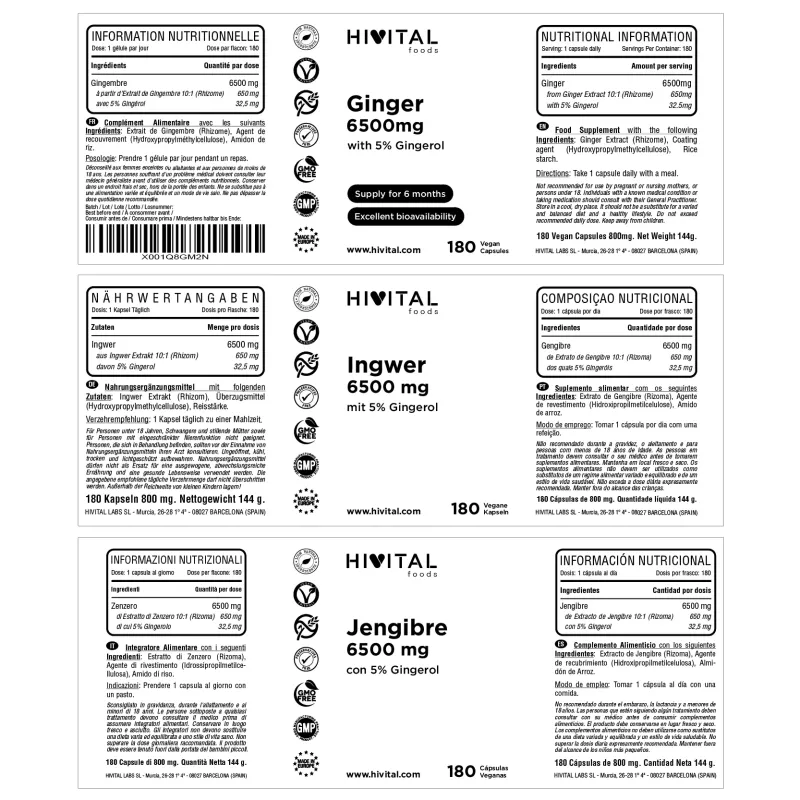 Hivital Jengibre 6500 mg,180 cápsulas veganas | Farmacia Barata