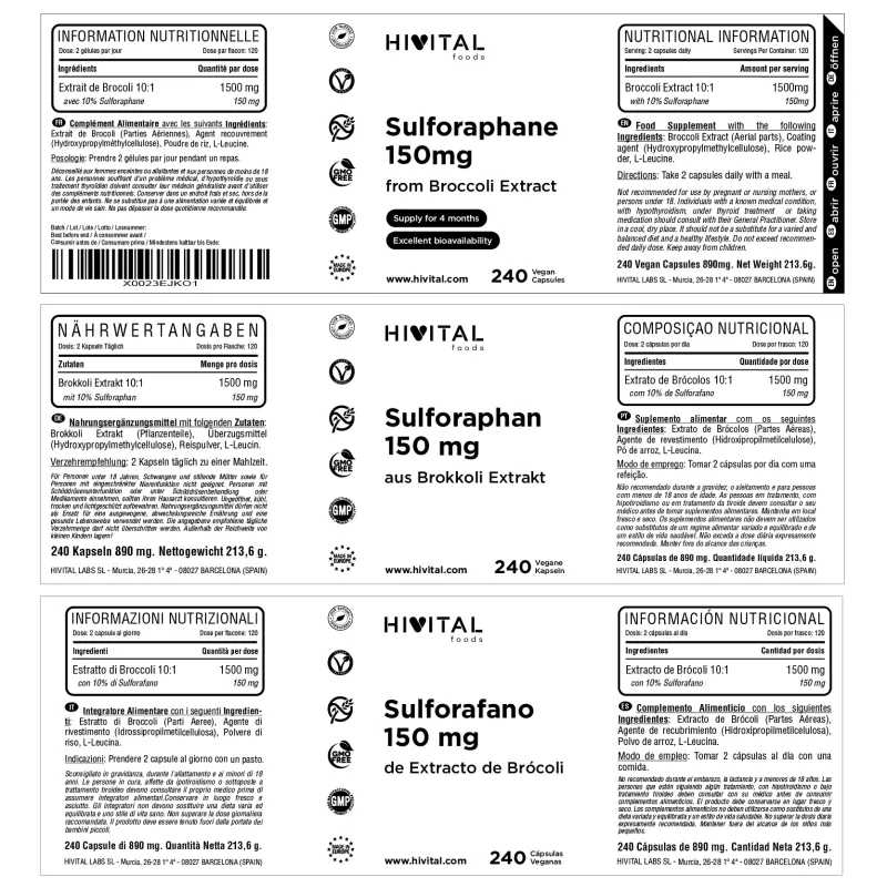Hivital Sulforafano 150 mg, 240 cápsulas veganas | Farmacia Barata Hivital Sulforafano 150 mg, 240 cápsulas veganas | Farmacia Barata