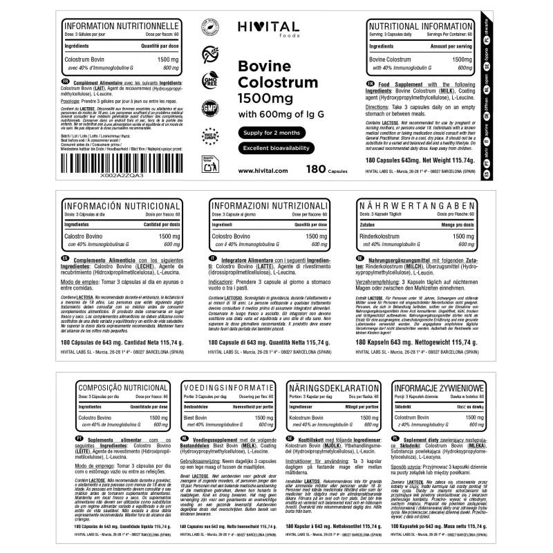 Hivital Calostro Bovino 1500 mg, 180 cápsulas | Farmacia Barata