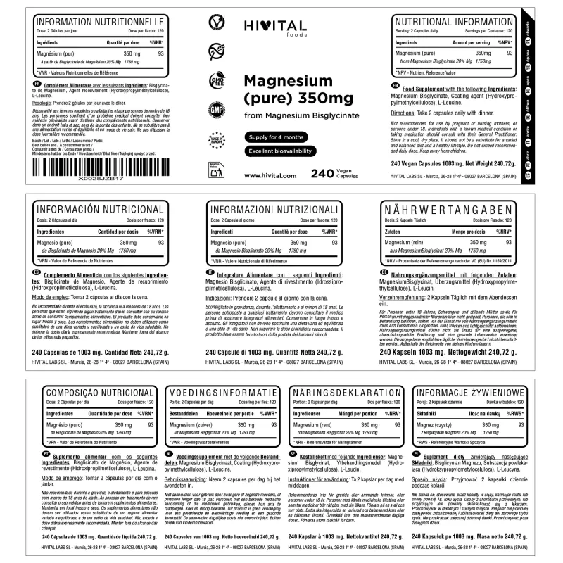 Hivital Magnesio 350 mg (Bisglicinato de Magnesio), 240 cápsulas veganas | Farmacia Barata
