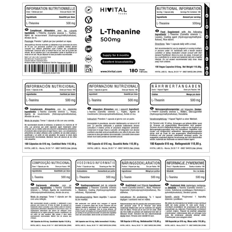 Hivital L-Teanina 500 mg, 180 cápsulas veganas | Farmacia Barata