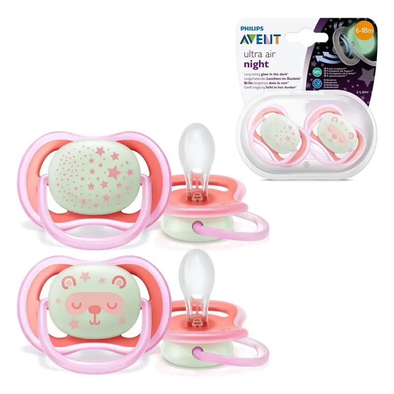 Philips Avent Chupetes Ultra Air Nocturno 6-18M Niña, 2 unidades | Farmacia Barata Philips Avent Chupetes Ultra Air Nocturno 6-18M Niña, 2 unidades | Farmacia Barata