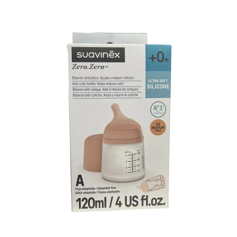 Suavinex Zero Zero Biberón Anticólico Silicona Flujo Adaptable Medium 120 ml | Farmacia Barata