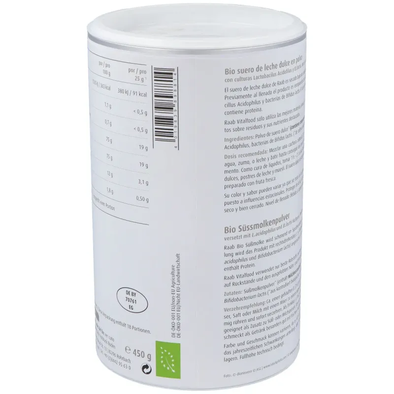 Raab vitalfood suero de leche dulce natural polvo 450g | Farmacia Barata