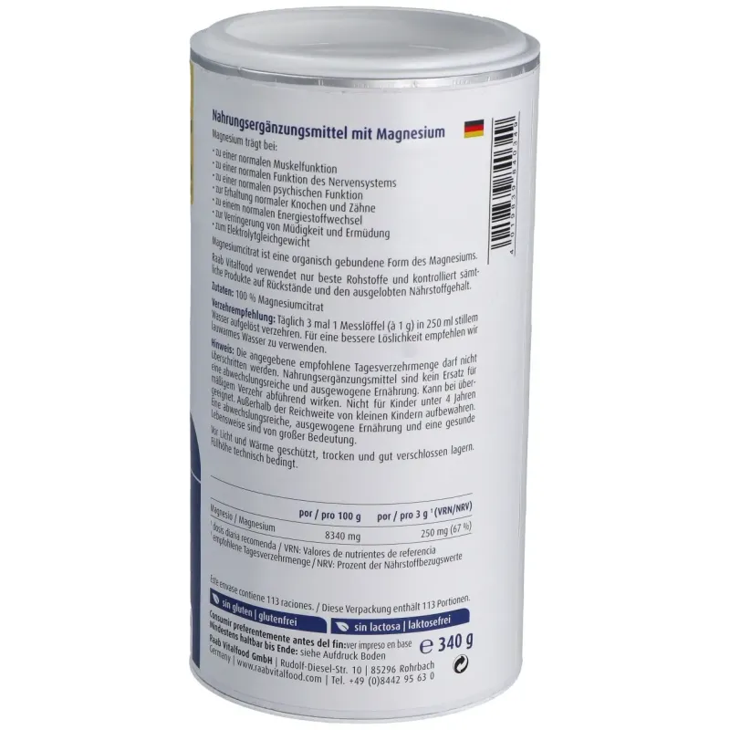 Raab vitalfood citrato de magnesio polvo 340g | Farmacia Barata