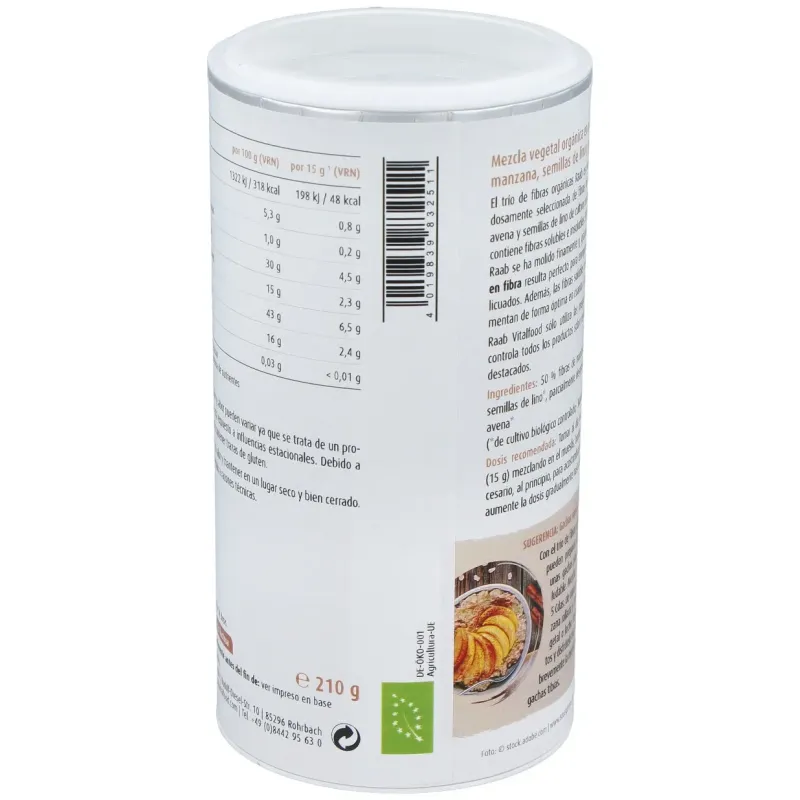 Raab vitalfood trio fibras manzana + avena + lino bio vegan 210g | Farmacia Barata