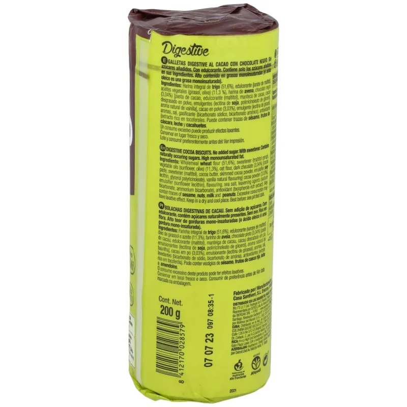 Galletas digestive cacao 0% azucares 200gr. | Farmacia Barata