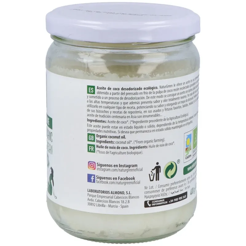 Naturgreen aceite de coco cuisine bio 430ml/400g | Farmacia Barata