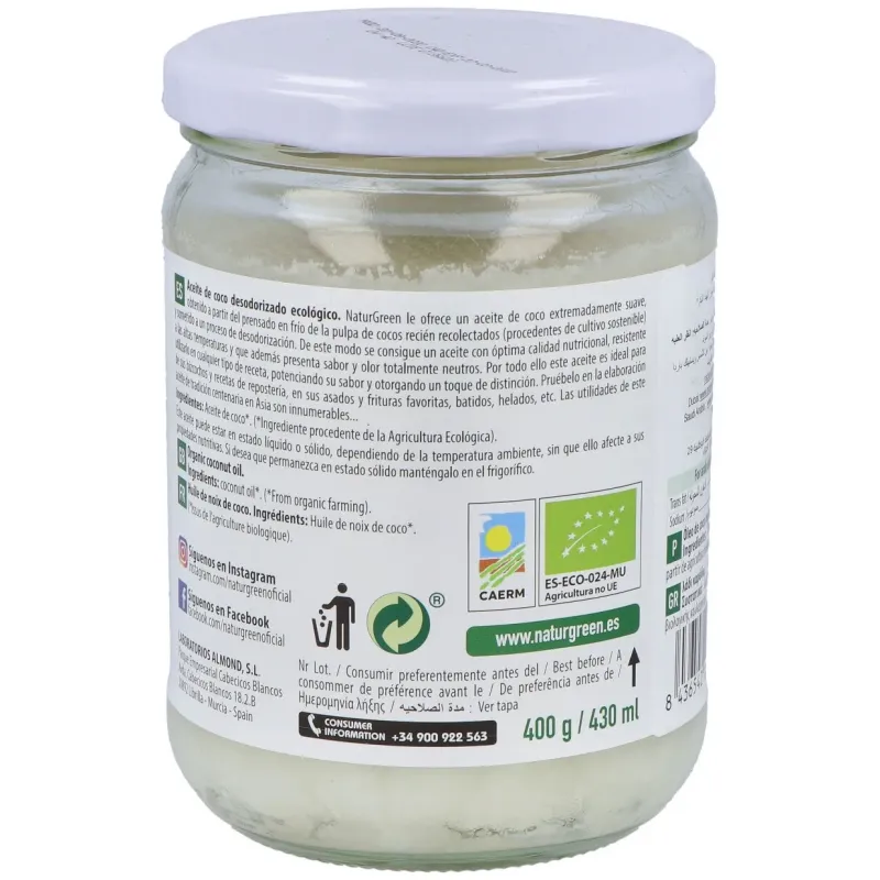 Naturgreen aceite de coco cuisine bio 430ml/400g | Farmacia Barata