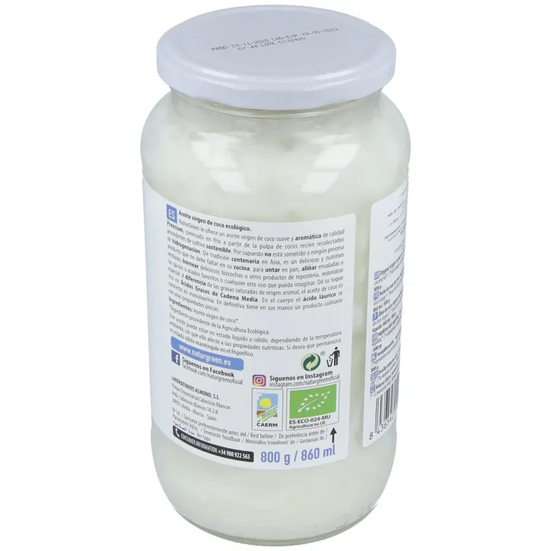 Aceite virgen de coco 1ª presion frio 800gr. bio | Farmacia Barata