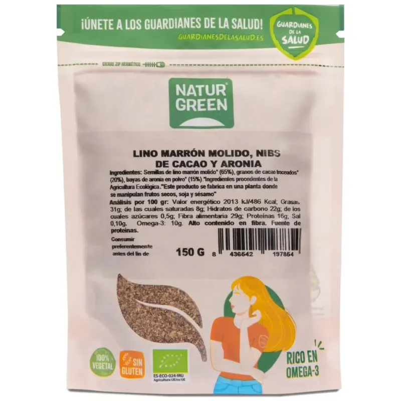 Naturgreen semillas de lino, nibs de cacao y aronia bio 150g | Farmacia Barata