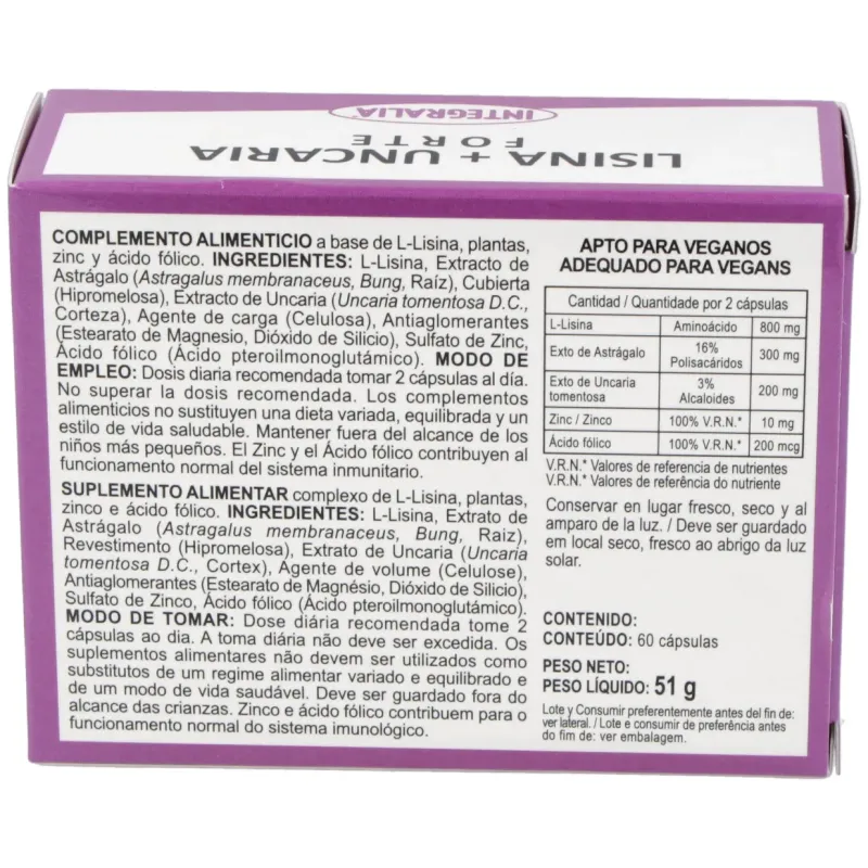 Integralia lisina + uncaria forte 60caps | Farmacia Barata