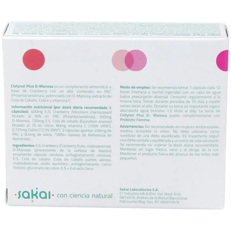 Sakai cistynol plus d-manosa 30caps | Farmacia Barata