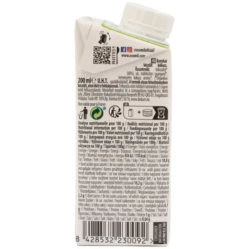 Ecomil crema ecológica de coco para cocinar 200 ml | Farmacia Barata