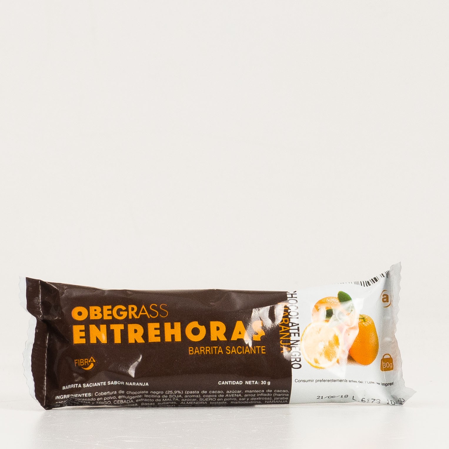 Obegrass Entrehoras Barrita Saciante Chocolate Negro y Naranja.