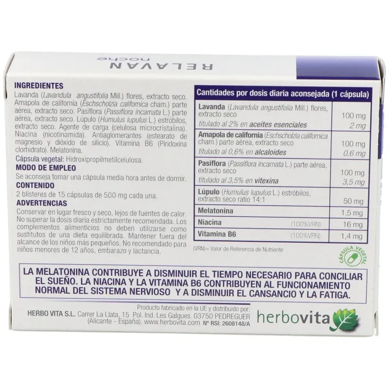 Herbovita relavan noche 30caps | Farmacia Barata