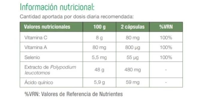 Plesinox. Información nutricional